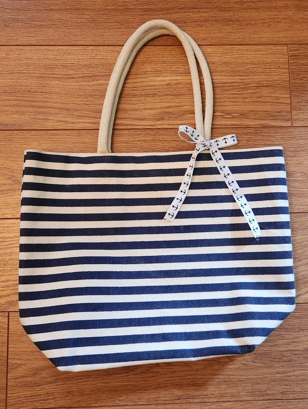 Canvas Striped Nautical Tote Bag Navy Blue White